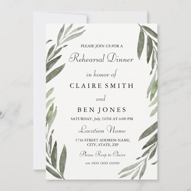 Invitación a una cena de Boda de hojas verdes mode (Anverso)
