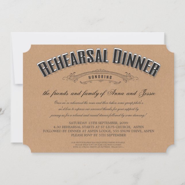 Invitación a una cena de Boda de tipografía rústic (Anverso)