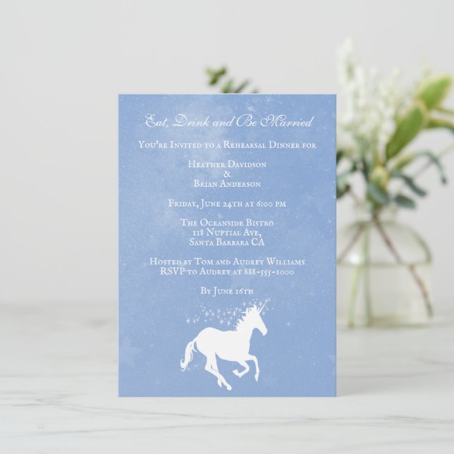 Invitación a una cena de Boda de unicornio azul (Anverso de pie)