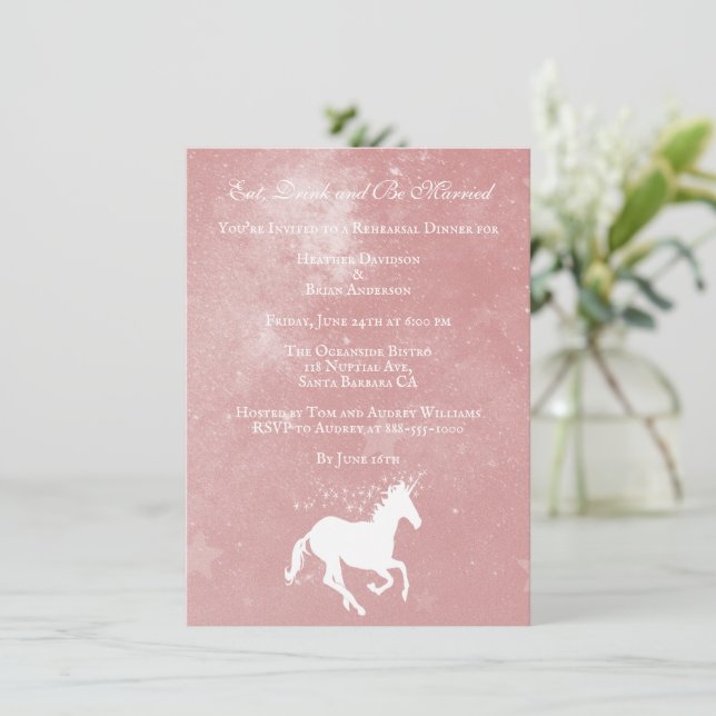 Invitación a una cena de Boda de unicornio rosa (Anverso de pie)