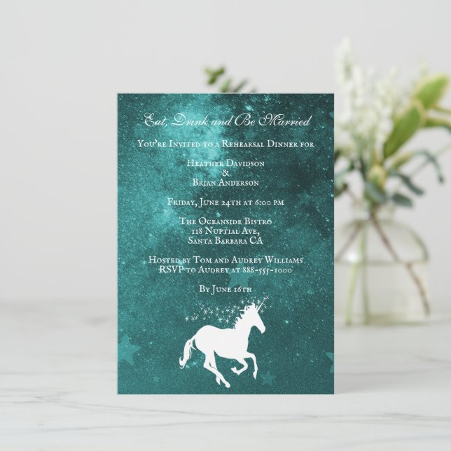Invitación a una cena de Boda de unicornio verde a (Anverso de pie)