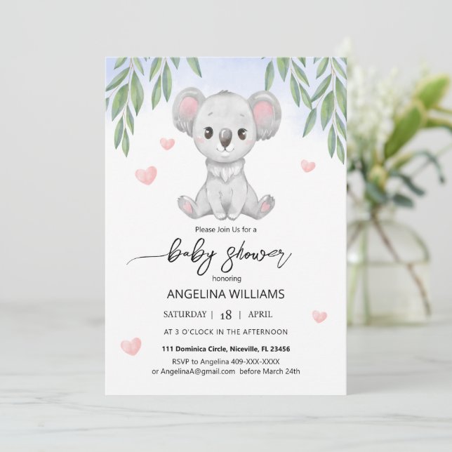 Invitación a una ducha de bebé con un lindo koala. (Anverso de pie)