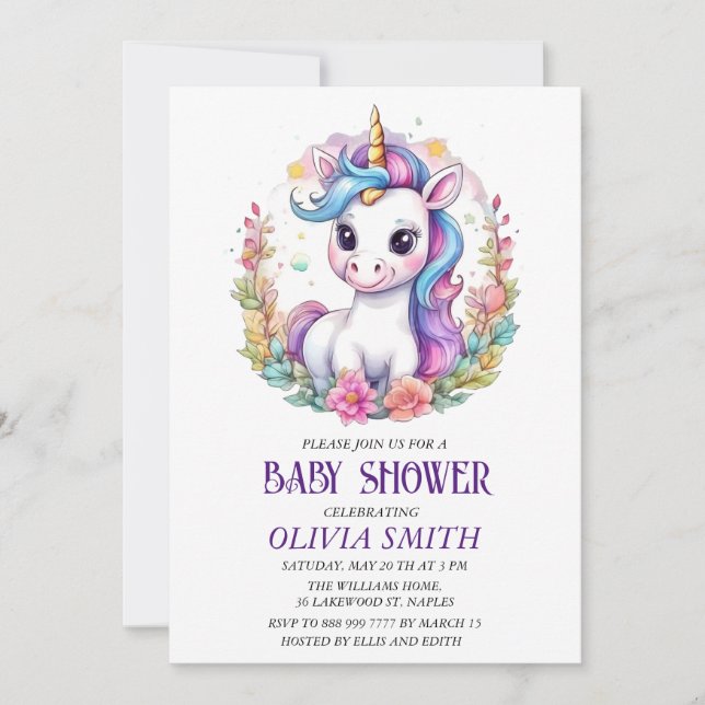 Invitación a una ducha de bebé de Unicornio (Anverso)