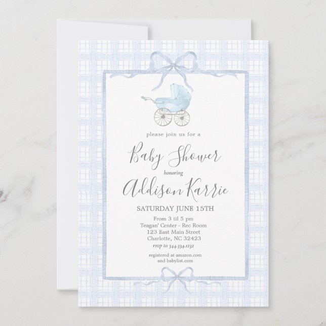 Invitación a una ducha de bebé en un carrito de be (Anverso)