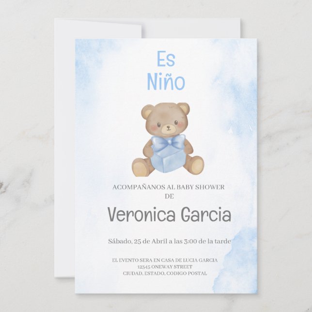 Invitación a una ducha de bebé para un niño osito (Anverso)
