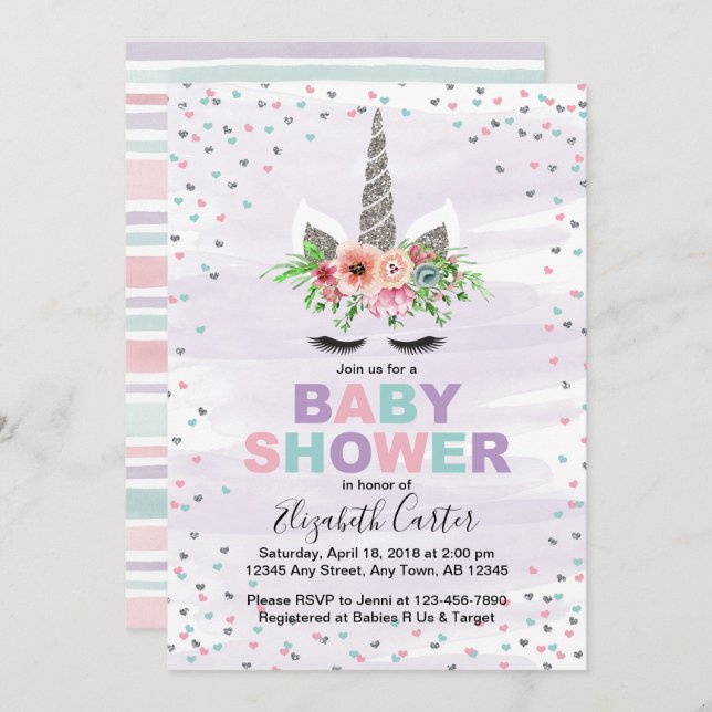 Invitación a una ducha de bebé unicornio para chic (Anverso / Reverso)