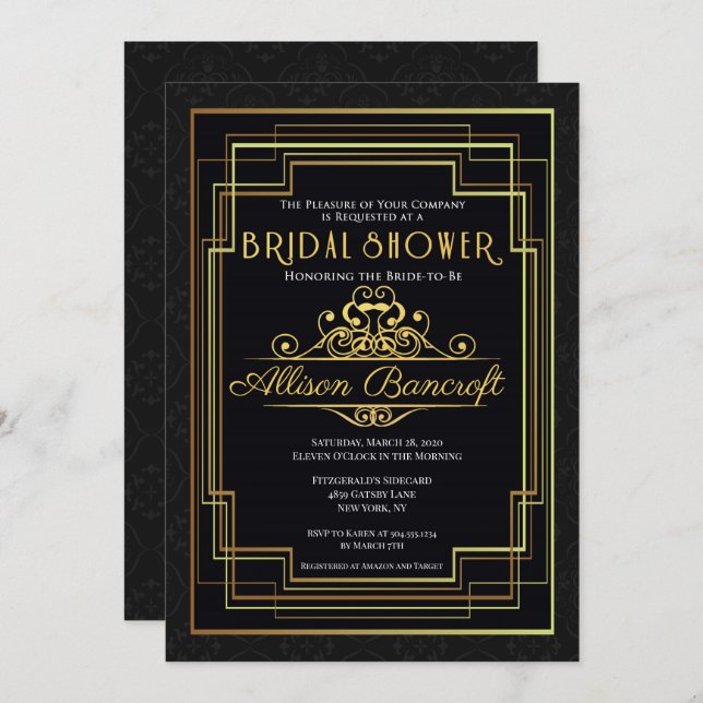 Invitación a una ducha de novia Art Deco de los añ (Anverso / Reverso)