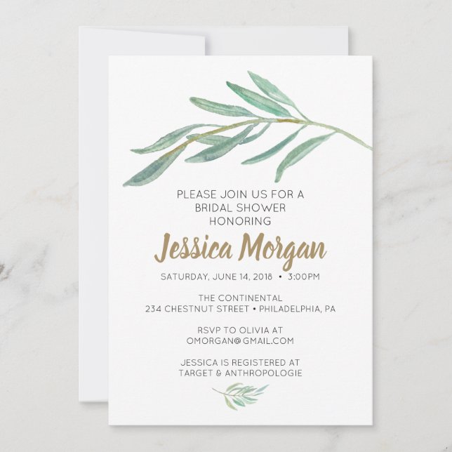 Invitación a una ducha de novia con vegetación rús (Anverso)