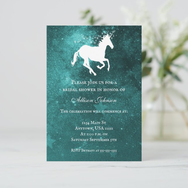 Invitación a una ducha de novia de unicornio verde (Anverso de pie)
