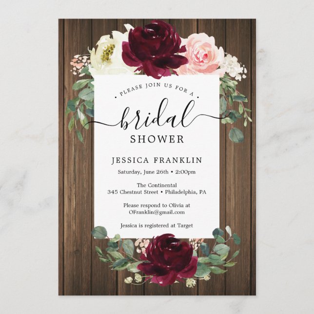 Invitación a una ducha de novia romántica y rústic (Anverso)