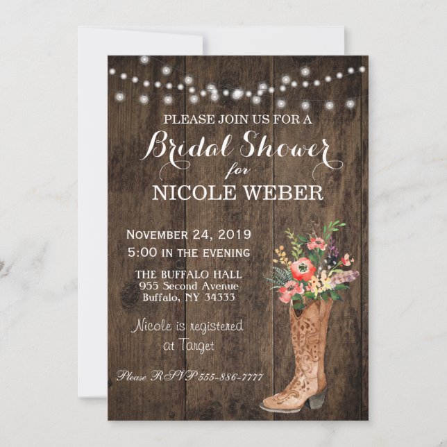 Invitación a una ducha de novias con botas de bota (Anverso)