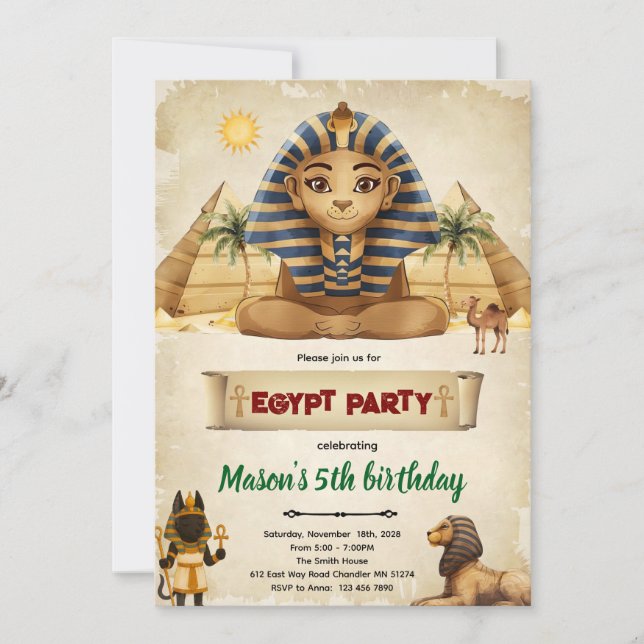 invitación a una fiesta con tema de Egipto (Anverso)