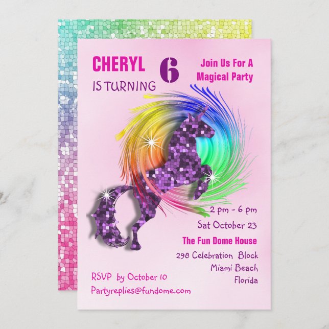 Invitación a una Fiesta con unicornio de arcoiris  (Anverso / Reverso)