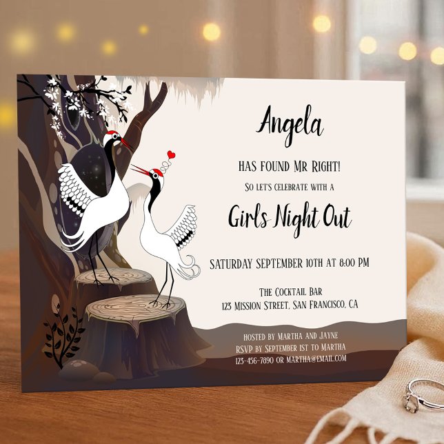 Invitación a una fiesta de Bachelorette en Japón (Whimsical bachelorette party invitation featuring a drawing of two Japanese cranes in a forest)