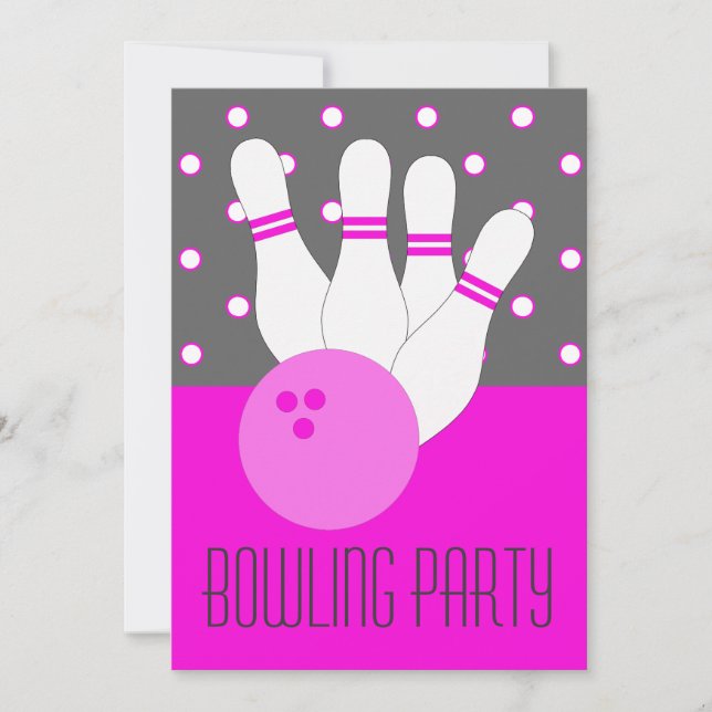 Invitación a una fiesta de boliche rosa y gris par (Anverso)