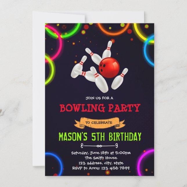 Invitación a una fiesta de bolos con brillo (Anverso)