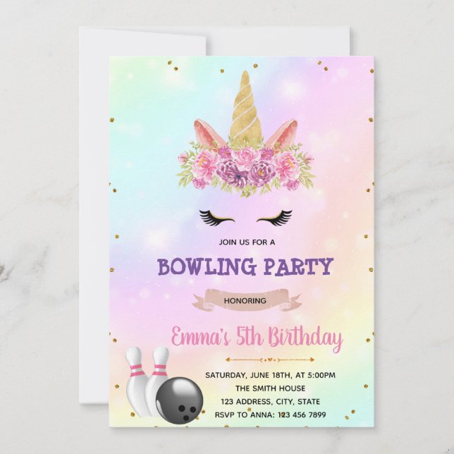 Invitación a una fiesta de bolos de Unicorn (Anverso)