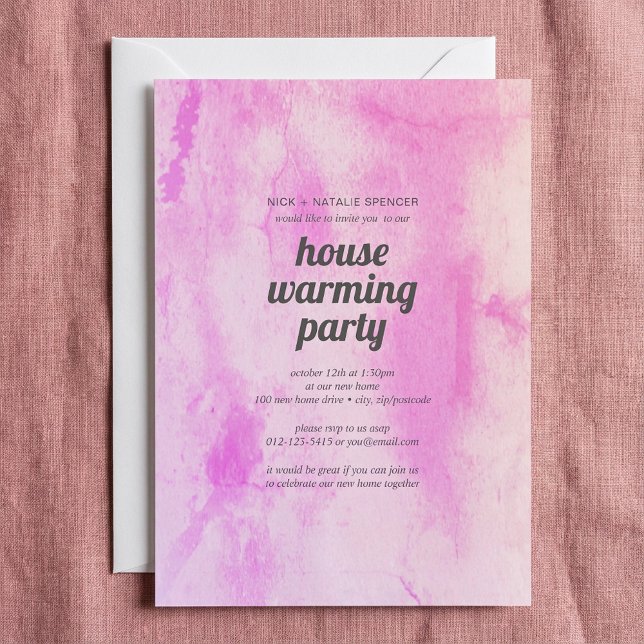 Invitación a una fiesta de calentamiento de la cas (Pink watercolor House warming party invitation.)