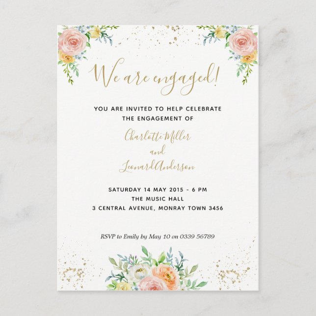 Invitación a una fiesta de compromiso floral infor (Anverso)