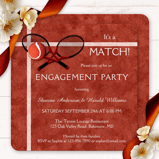 Invitación a una fiesta de compromiso temática de  (Sportive engagement party invitation featuring two tennis rackets on a watercolor red field design)