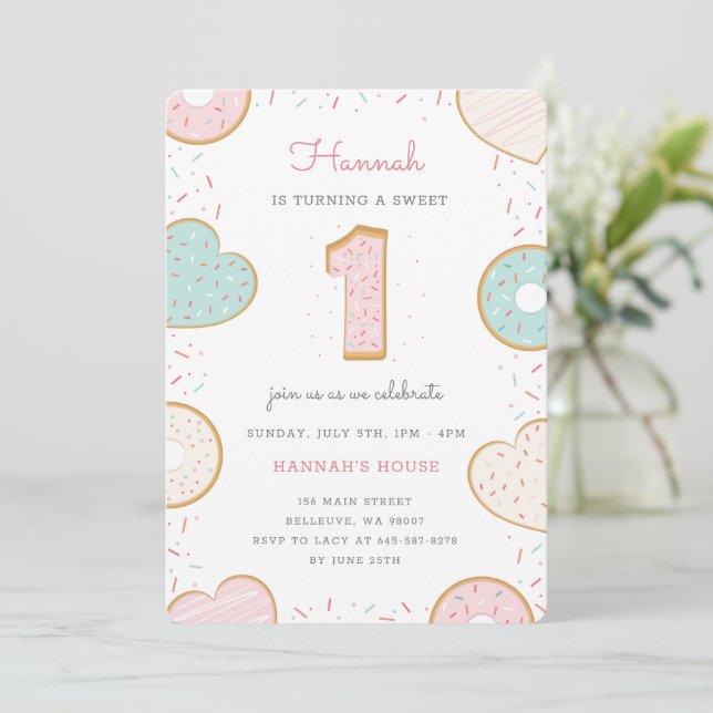 Invitación a una fiesta de cumpleaños de Donut ros (Anverso de pie)