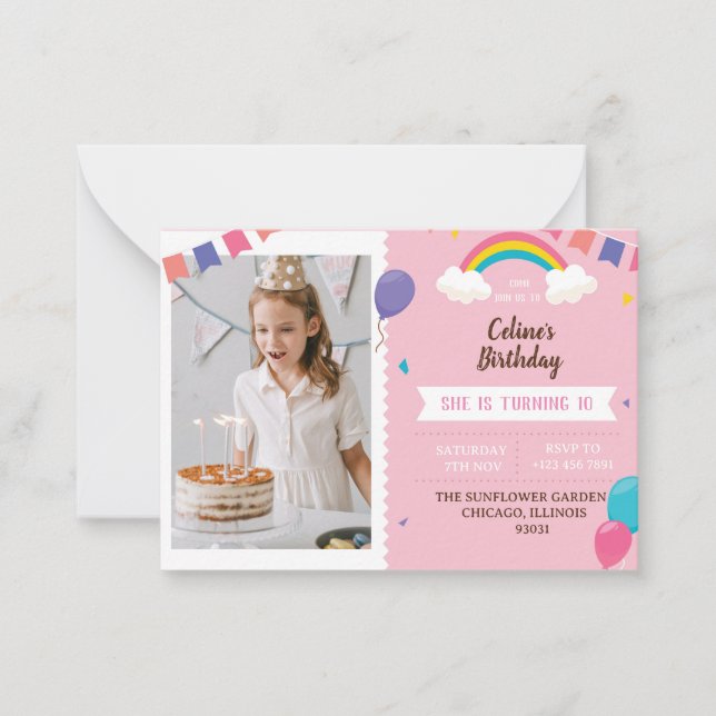 Invitación A Una Fiesta De Cumpleaños De Tema Rosa (Anverso)