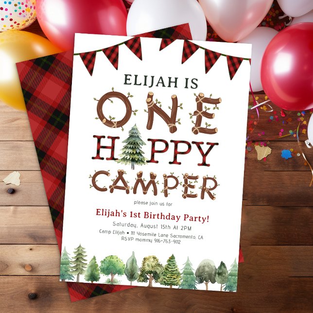 Invitación a una fiesta de cumpleaños de un Camper (One Happy Camper 1st Birthday Party Invitation)