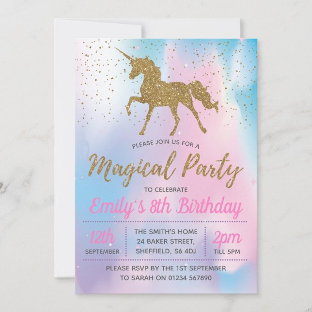 Invitación a una fiesta de cumpleaños de Unicornio (Anverso)