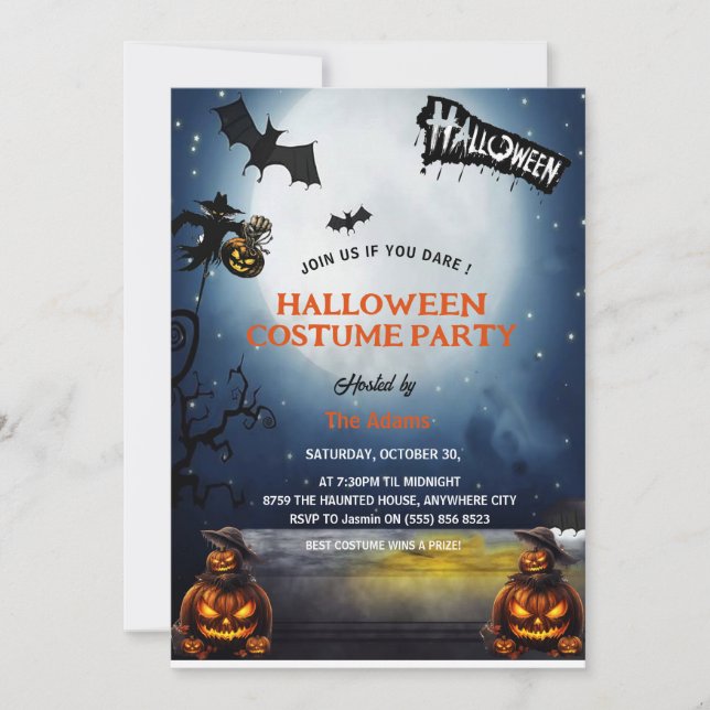 Invitación a una fiesta de disfraces de Halloween  (Anverso)