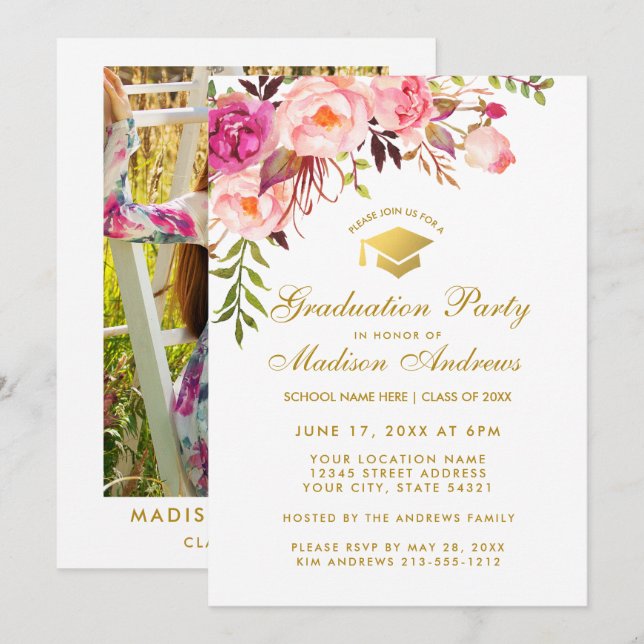Invitación a una fiesta de graduación de flores ro (Anverso / Reverso)