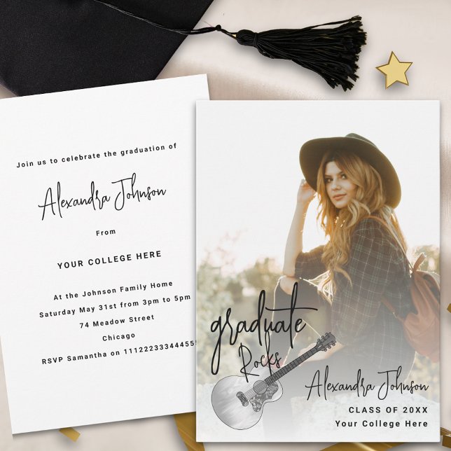 Invitación a una fiesta de graduación de fotos mod (Modern trendy photo graduation announcement party rustic country guitar music theme)