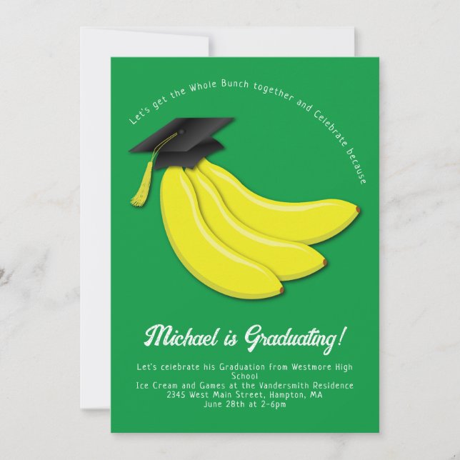 Invitación a una fiesta de graduación de plátanos (Anverso)