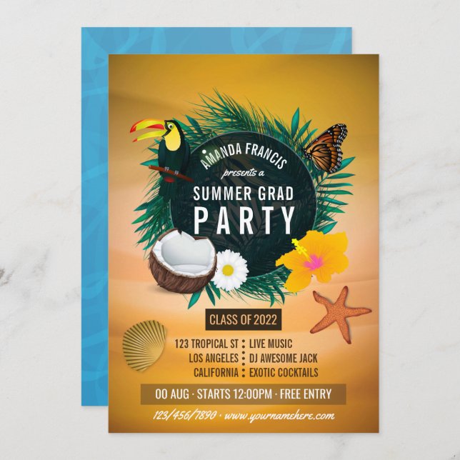 Invitación a una fiesta de graduación de playa tro (Anverso / Reverso)