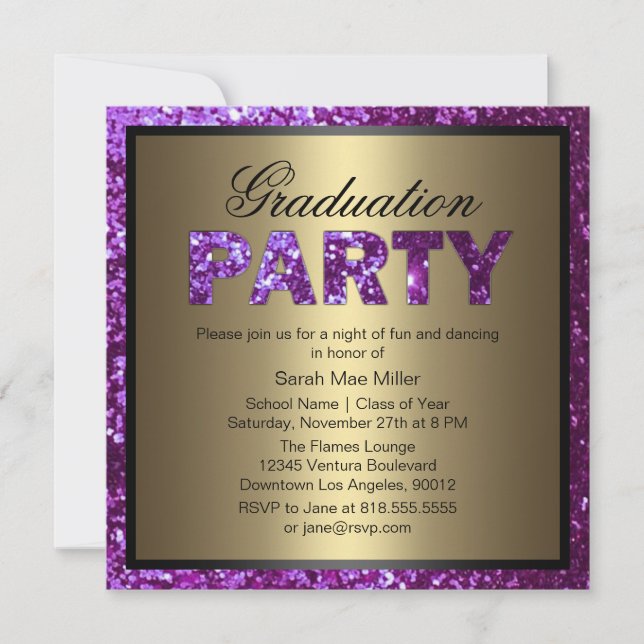 Invitación a una fiesta de graduación de Purpurina (Anverso)