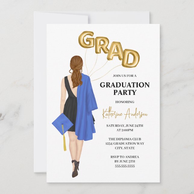 Invitación a una fiesta de graduación femenina azu (Anverso)