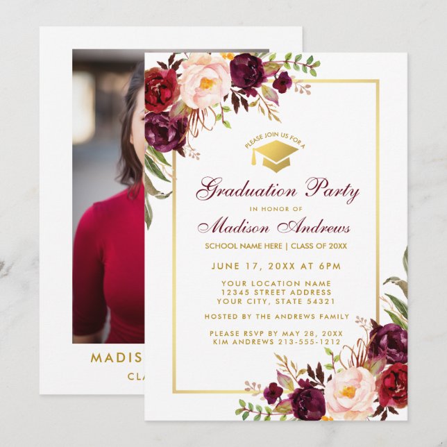 Invitación a una fiesta de graduación floral - Fot (Anverso / Reverso)