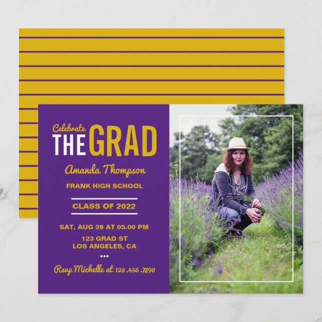 Invitación a una fiesta de graduación morada y de  (Anverso / Reverso)