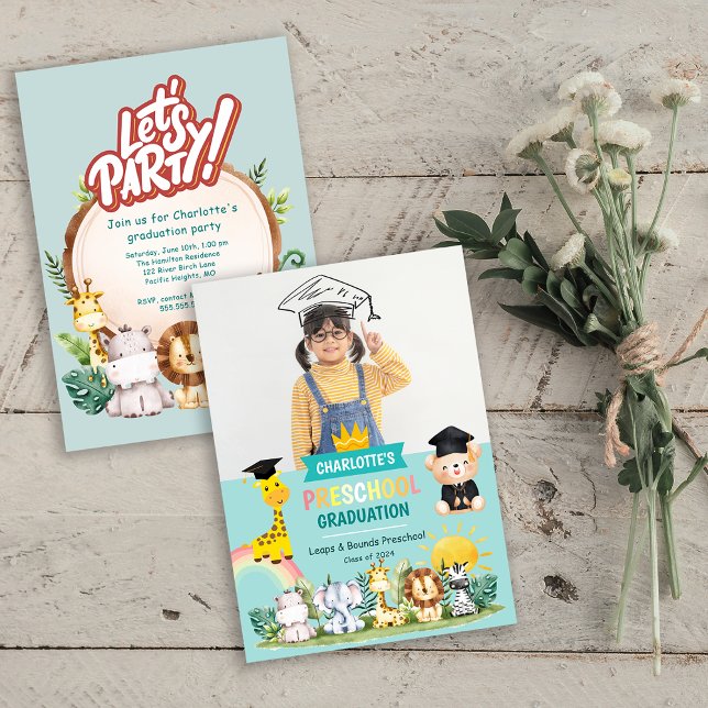 Invitación a una fiesta de graduación preescolar p (Animal Kids Preschool Graduation Party Invite)