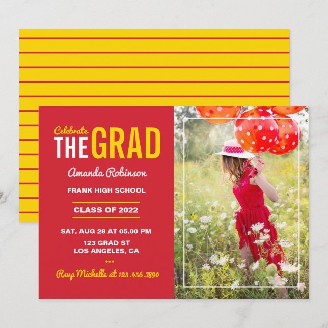 Invitación a una fiesta de graduación roja y de or (Anverso / Reverso)