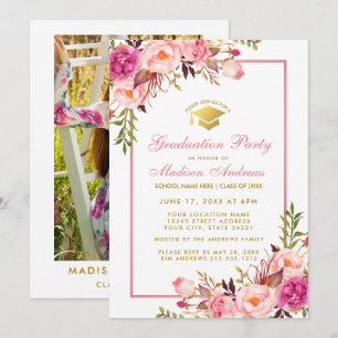 Invitación a una fiesta de graduación rosada y de 