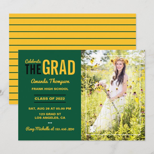 Invitación a una fiesta de graduación verde y de o (Anverso / Reverso)
