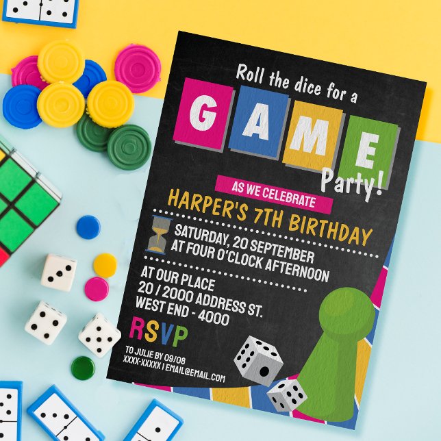 Invitación a una fiesta de juegos de mesa (Board Game Party - Get ready to level up the celebration as we roll the dice, spin the spinner!)