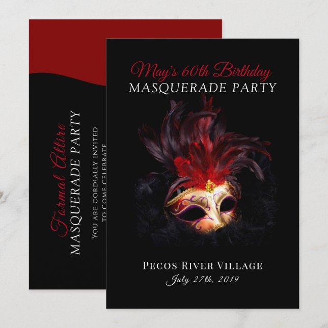 Invitación a una fiesta de mascaradas roja y negra (Anverso / Reverso)