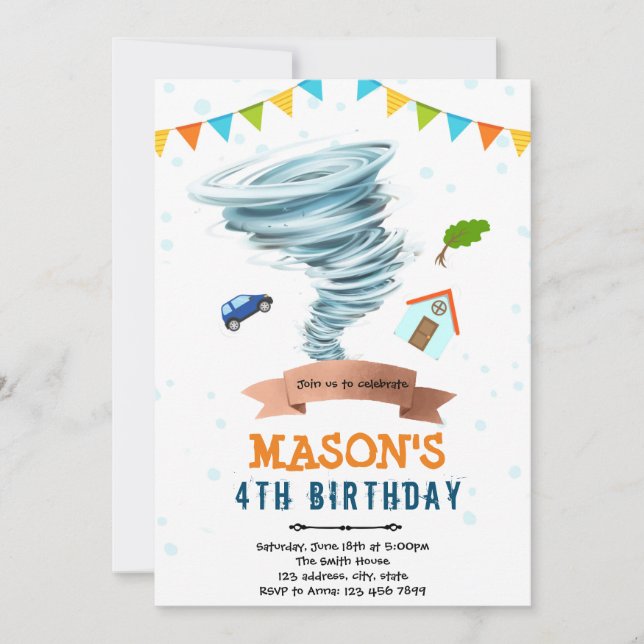 Invitación a una fiesta de niños de Tornado (Anverso)