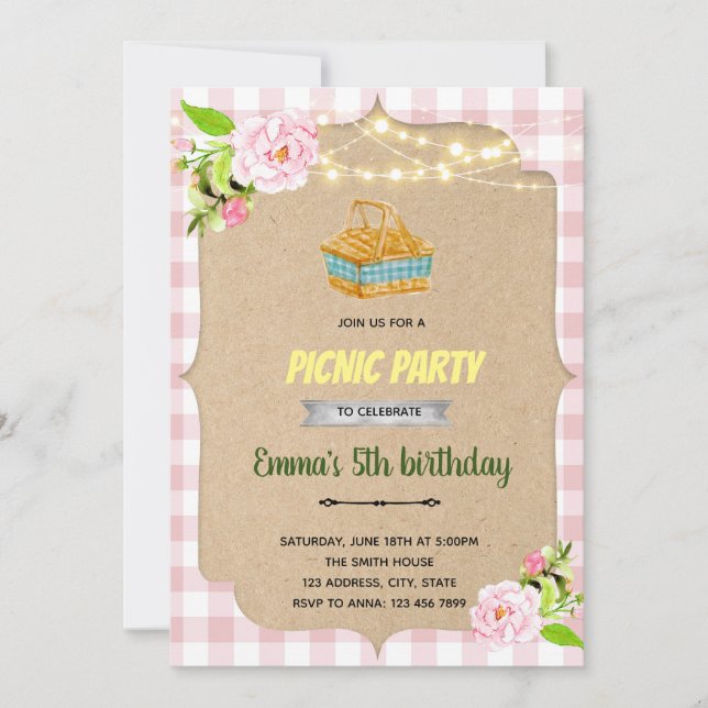 Invitación a una fiesta de picnic rosa (Anverso)