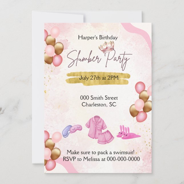 Invitación a una fiesta de pijamas rosa y dorada (Anverso)