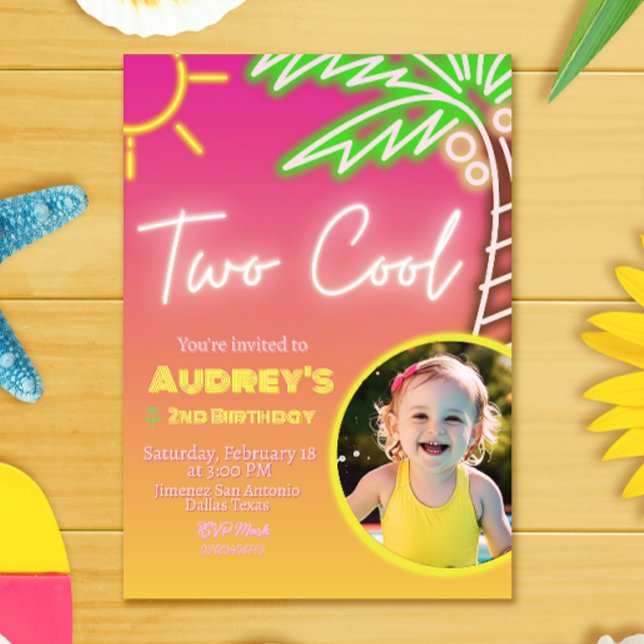 Invitación a una fiesta de piscina genial con neon (Two Cool Neon Pool Party Invitation with Photo)
