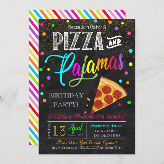 Invitación a una fiesta de pizza y pijamas (Anverso / Reverso)