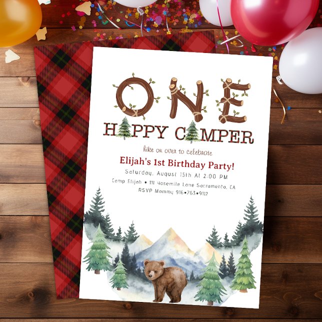 Invitación a una fiesta de primer cumpleaños de un (One Happy Camper Birthday Party Invitation)