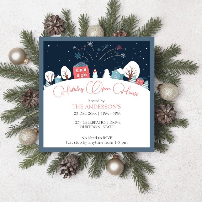 Invitación a una fiesta de puertas abiertas en el  (Winter village holiday open house party editable template invitation digital download cute houses)